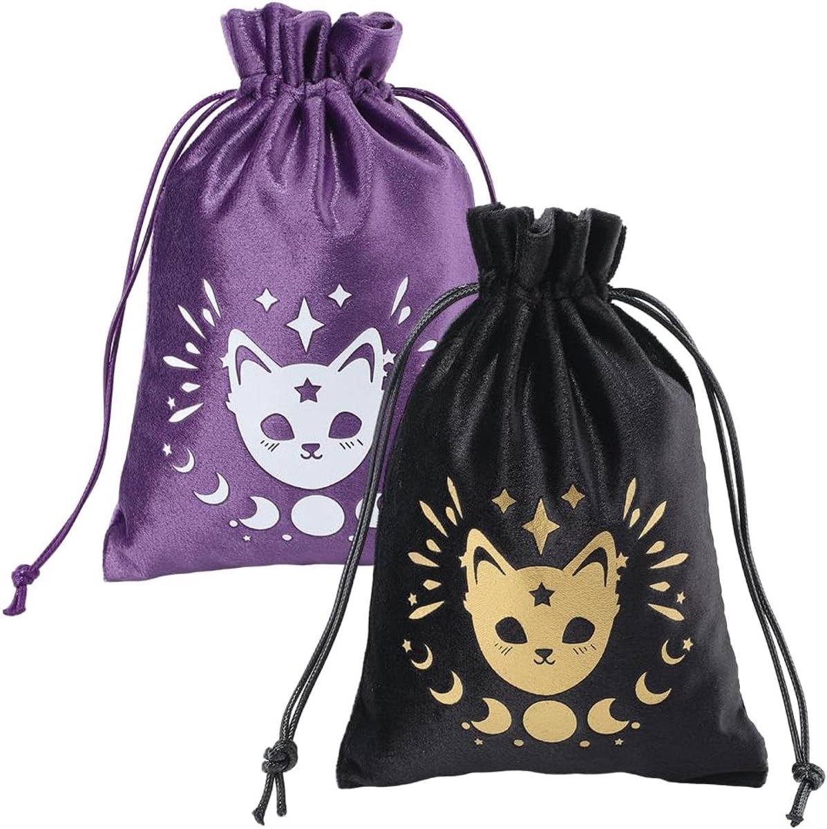 2 fluwelen zakjes met trekkoord voor tarotkaarten, opbergtas voor dobbelstenen, maanfasen en kat, zwart en paars, voor sieraden, kristallen, dobbelstenen, hekserij, 13,5 x 18 cm