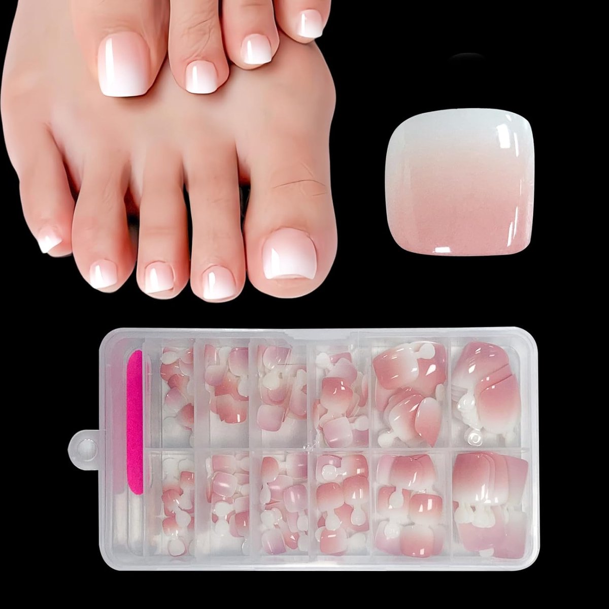 Kunst-teennagels, 120 stuks, roze verloop, 12 maten, glanzende opplak-teennagels, volledige dekking, French tip, voor dames en meisjes