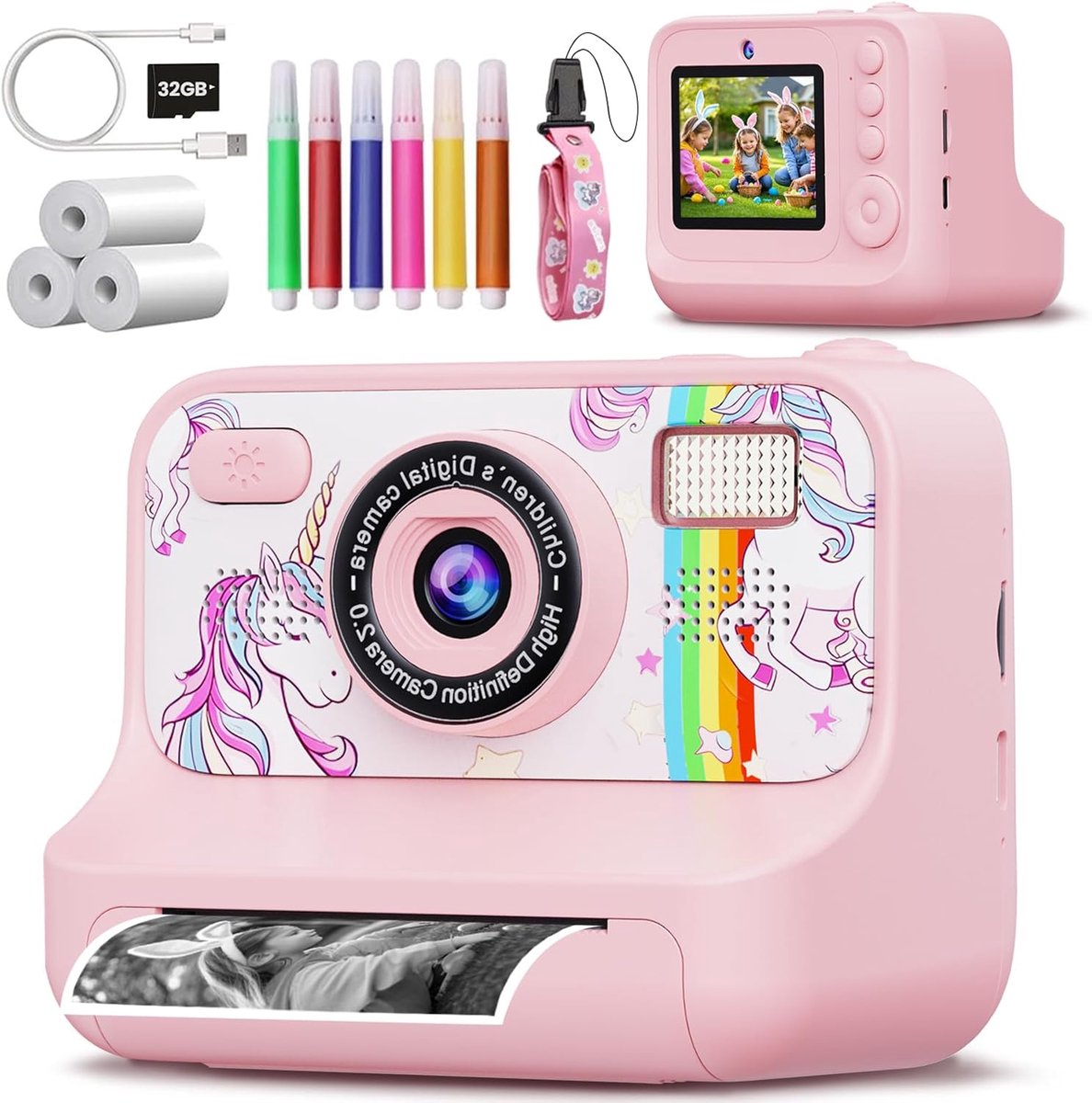 Kindercamera met Direct Afdrukken, Kinder HD 1080P Camera met 2,4 Inch Scherm, 32 GB Kaart en 3 Rollen Afdrukpapier, Ideale Cadeau voor Jongens en Meisjes van 3 tot 12 Jaar