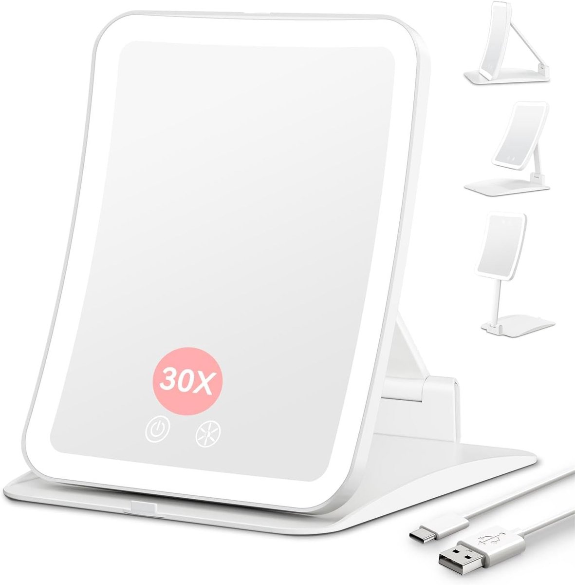 30X Cosmeticaspiegel met Verlichting, 2000mAh Oplaadbare Makeupspiegel met 3 lichtkleuren, 30X vergrotingsspiegel met licht, LED Spiegel Reisspiegel Tafelspiegel voor thuis en op reis