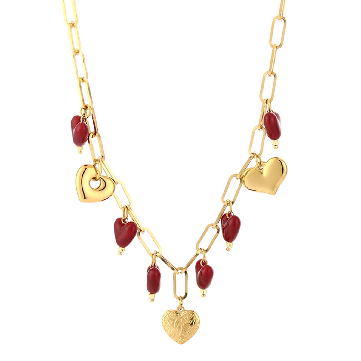 Chunky Heart Charm Link Chain Necklace – Luxe Bedels Ketting met Harten – RVS - Bordeaux