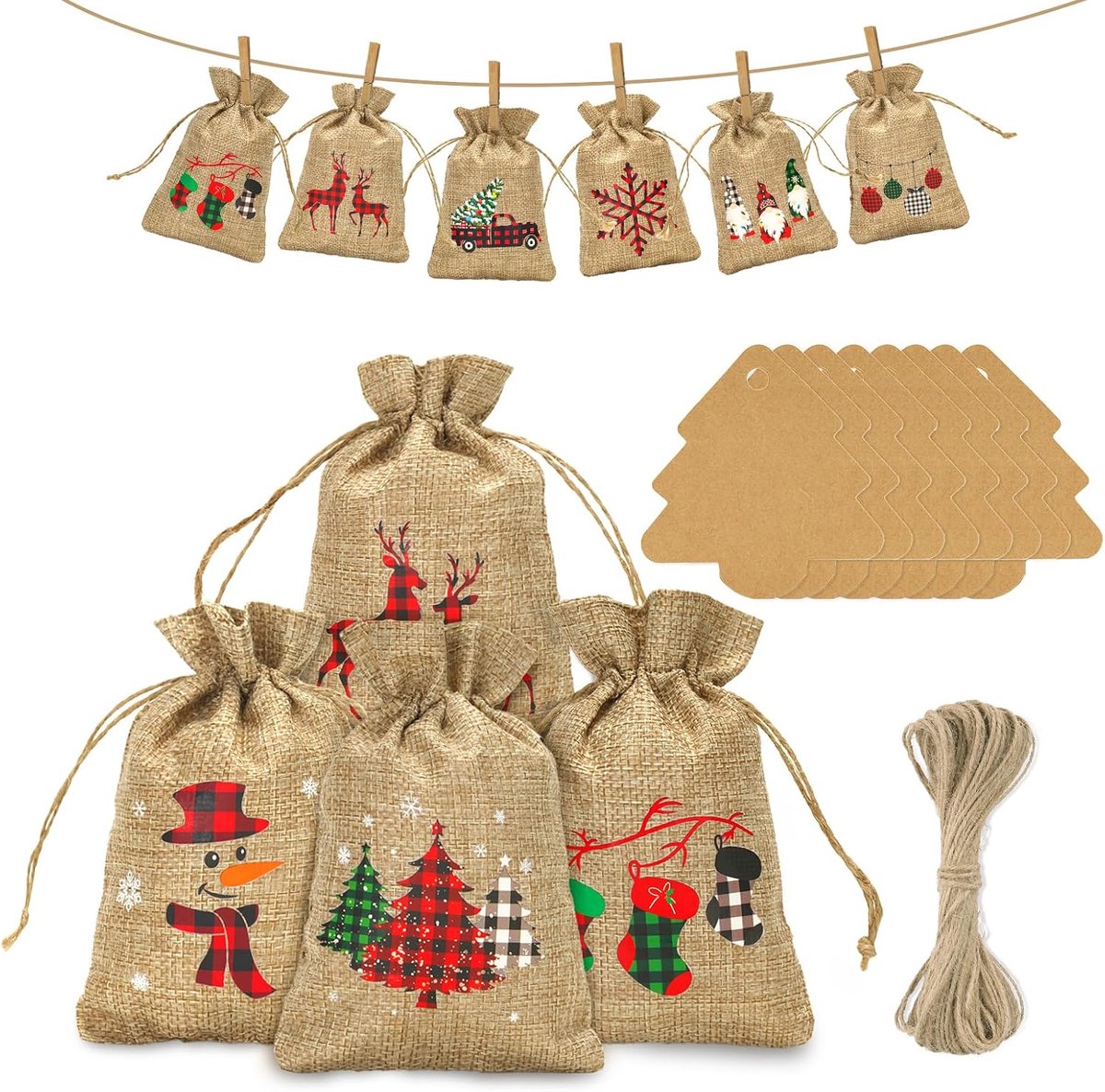 jijAcraft Adventskalender om te vullen met jute zakjes: 10x15CM kerstzakjes, 24 stuks kerstgeschenkzakjes met dennentakken en jutetouw voor decoratie van de kerstboom