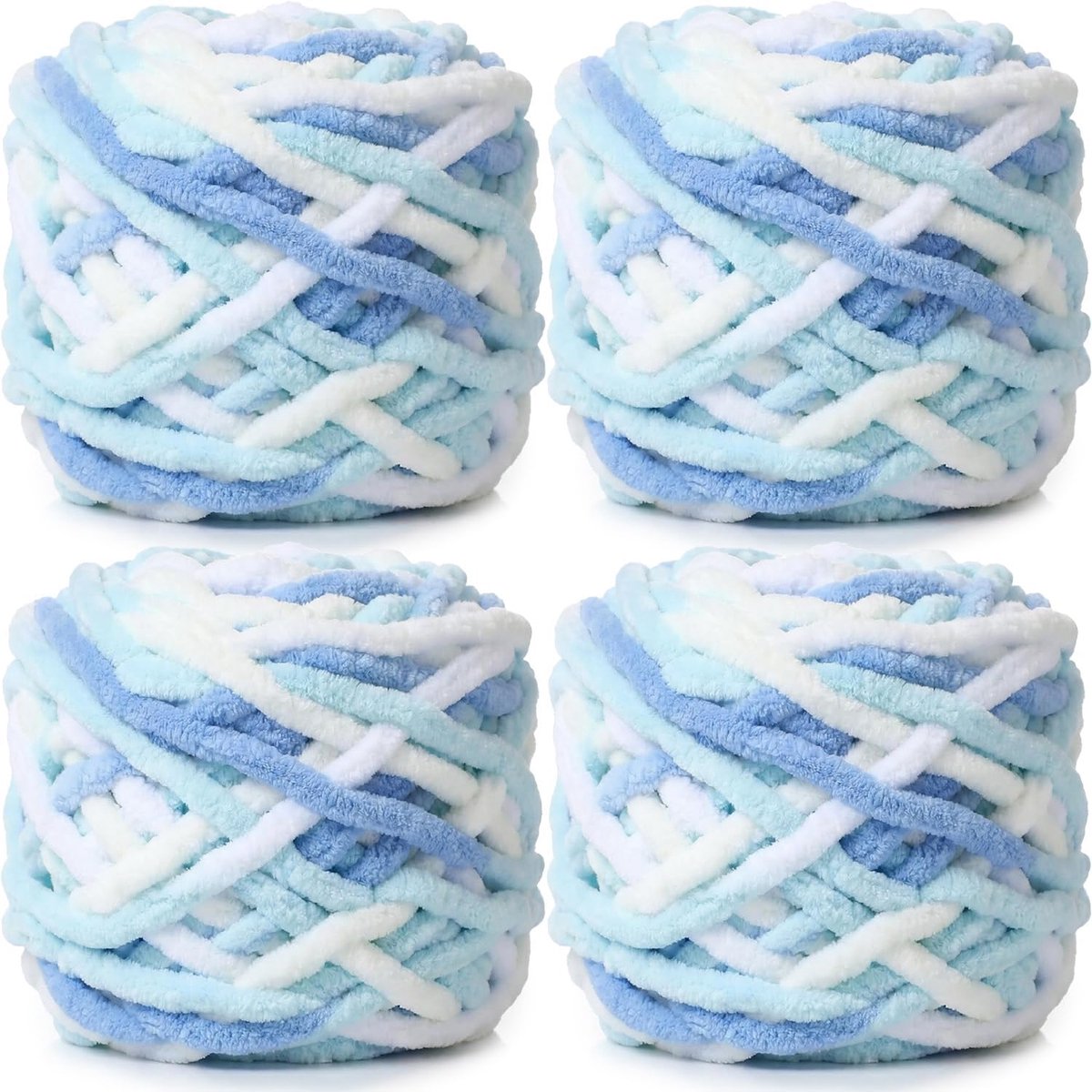 Chunky gebreid chenille-garen, 4 x 100 g, veelkleurige haakwol voor het met de hand breien van dekens, breiwol voor grote dekens, sokken en sjaals (wit blauw geel)