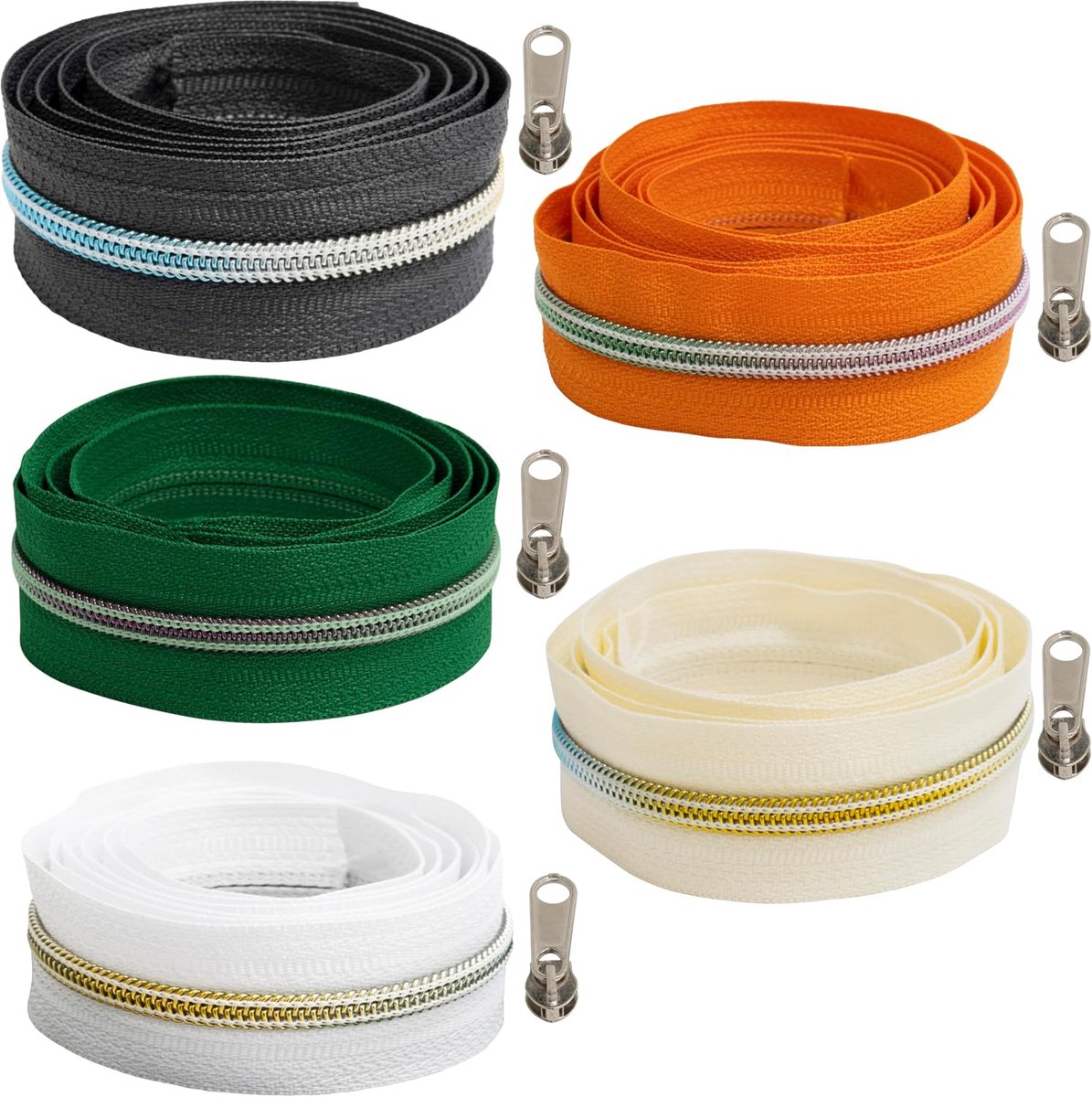 - Spiralritsset 5x1 m N°5 - kleur oranje wit ecru groen donkergrijs + 15 niet-vergrendelbare metalen sliders N°5