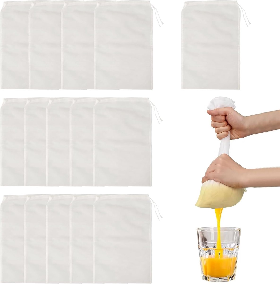 15 stuks notenmelkzakken, nylon, 30 × 20 cm, passeerdoek, herbruikbaar, wasbaar, filterzak, zeefdoek met trekkoord, voor kaas, koffie, yoghurt, vruchtensap, groentesap