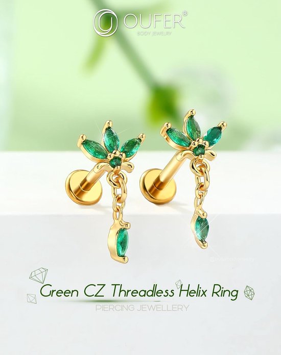 16G gouden bloem conch piercing threadless earring chirurgisch staal 316L kraakbeen oorpiercing groen dangle marquise CZ helix tragus sieraden voor vrouwen 6/8 mm lip stud — afbeelding 3