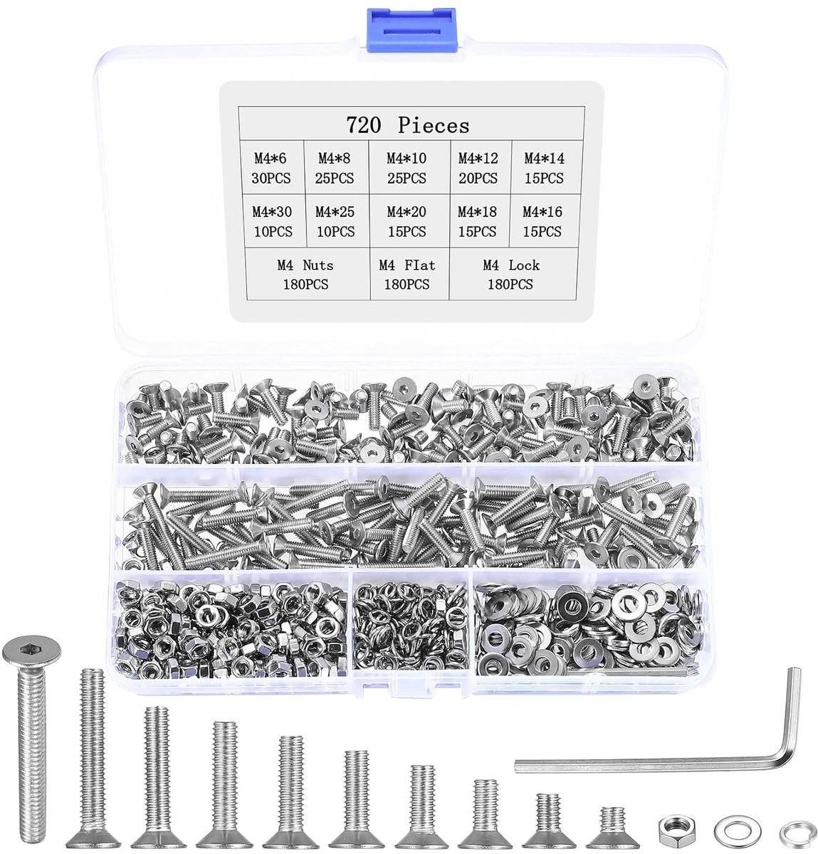 720 stuks M4 schroevenset, M4 verzonken kopschroeven, moersets, platte kopschroeven, schroefdraadschroeven, set, verzonken kop, binnenzeskantschroeven en moeren, set met sluitringen, assortiment