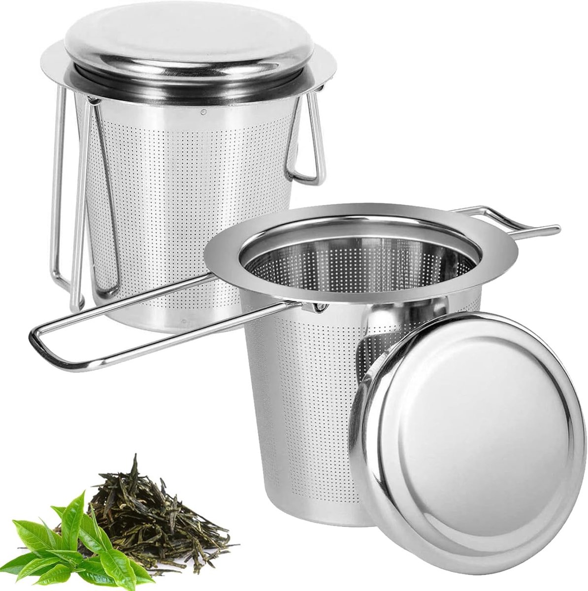 2 stuks fijnmazige theepot infusers vaatwasmachinebestendig, 304 roestvrij staal Ooling theezeef met deksel en opvouwbaar handvat, rozentheefilter voor theepotten, kopjes, mokken, soeppot, brouwen