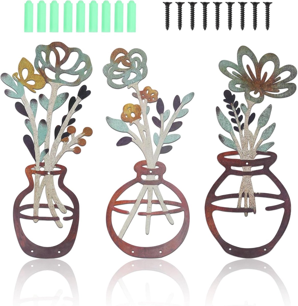 3 wanddecoraties, bloemen, metaal, muurkunst, vaas, bloemen, metaal, minimalistisch, sculptuur, metaal, 35 x 13 cm, moderne wanddecoratie voor slaapkamer, woonkamer, badkamer, hal (goud)