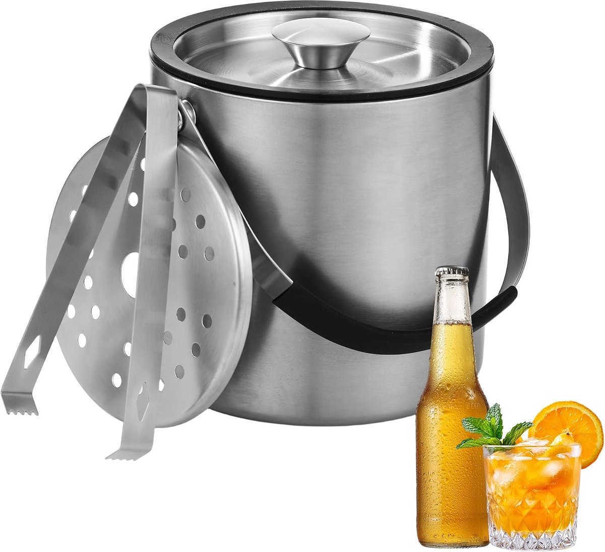 2 liter roestvrijstalen ijsemmer met clips en zeef, dubbelwandige isolatie, voor feestjes, aren, gekoelde wijnen, champagne, bier, cocktails