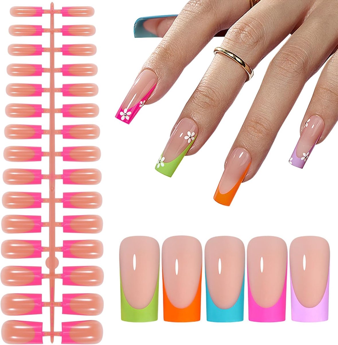Kleurrijke nagels valse Franse tip 150 stuks nepstick Press-on voor vrouwen meisjes vingernagels glanzend volledige dekking lange vierkante kunstmatige acryl doe-het-zelf kunst manicure