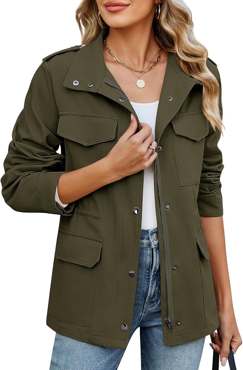 Militaire jas voor dames, katoen, licht, lente, herfst, overgangsjas, casual, hoge taille, trekkoord, parka met zakken (blauw, XXL)