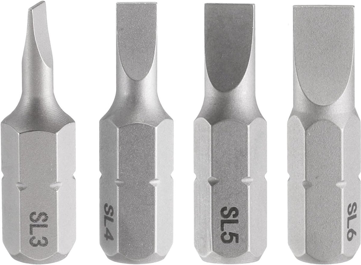 4 stuks SL3/SL4/SL5/SL6 sleufschroevendraaierbitset 1/4 inch zeskantschacht 25 mm lengte magnetische platte kop hex bits S2 stalen bitset voor elektrische schroevendraaiers