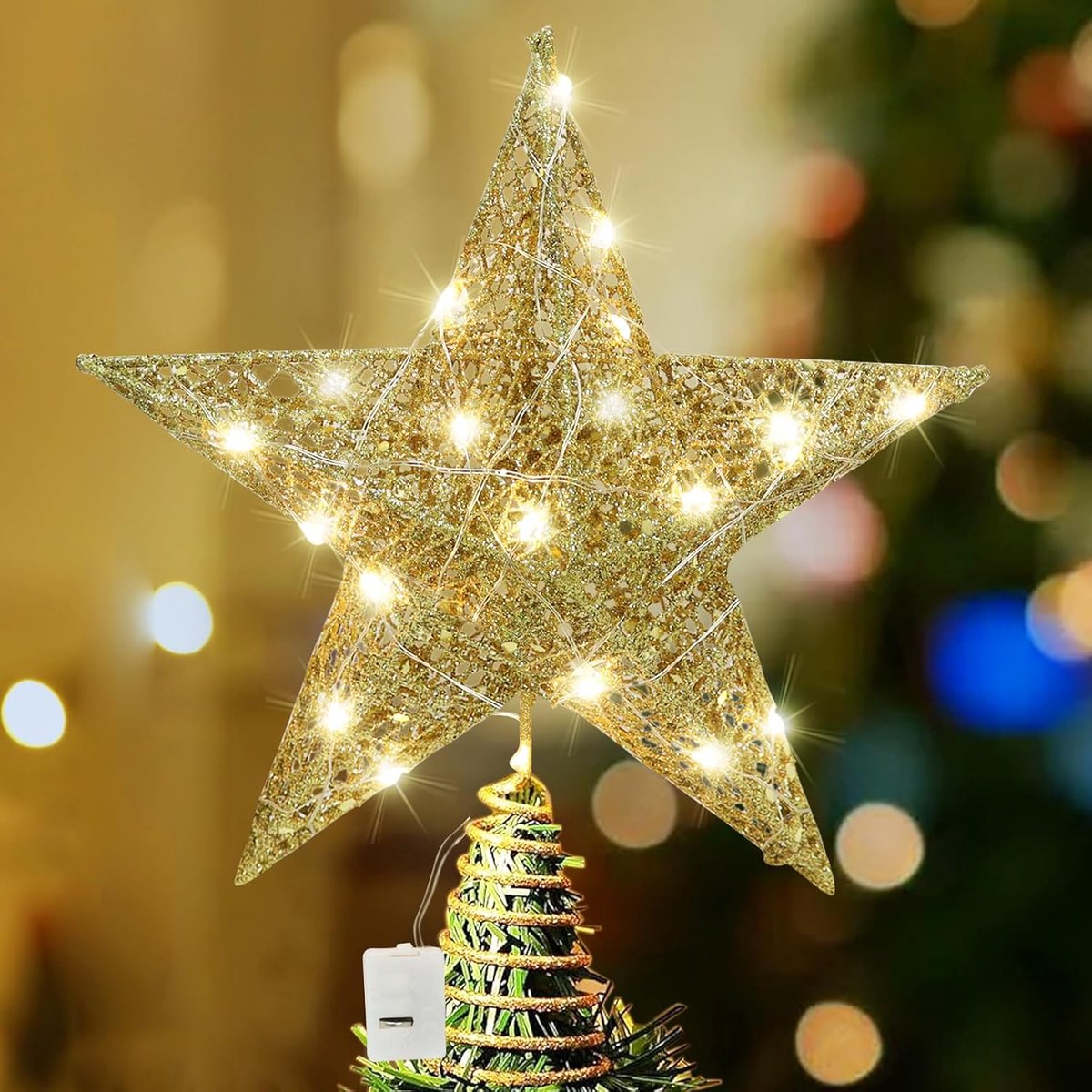 ster, gouden LED kerstboomtop, kerstboomtop, sparrenboomtop, kerstboomversiering, gouden boomtop kerstboomdecoratie
