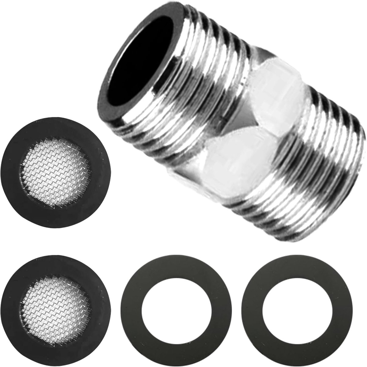slang 1/2 inch, 1/2 inch, doucheslangadapter, roestvrij staal, dubbele nippel, kraanverlenging 1/2 inch, doucheslangverlenging, dubbele nippel wordt geleverd met 2 bijpassende filters en 2