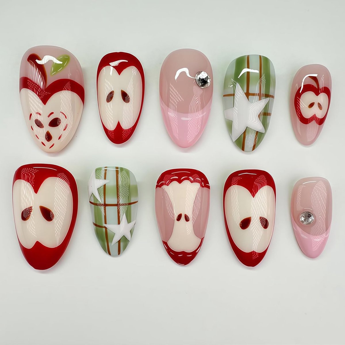 24 stuks Medium Amandel Press on Nails French Tip met Appelmotief & 3D Sterrenrooster Rhinestones Herbruikbare Acrylic Nagelextensies Full Cover voor Vrouwen Fee