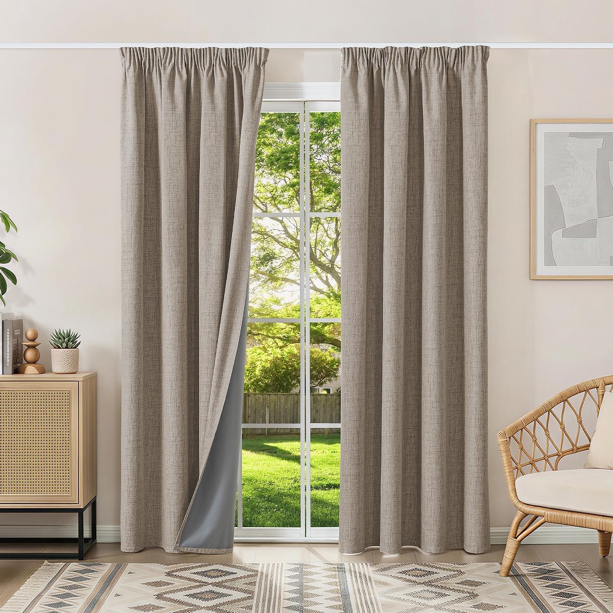 100% verduisteringsgordijn, warmte-isolerend, koudebestendig, 2 x 140 x 200 cm (b x h), linnen, ondoorzichtig, met plooiband, voor rail, woonkamer, slaapkamer, huis, hittebescherming, lawaai