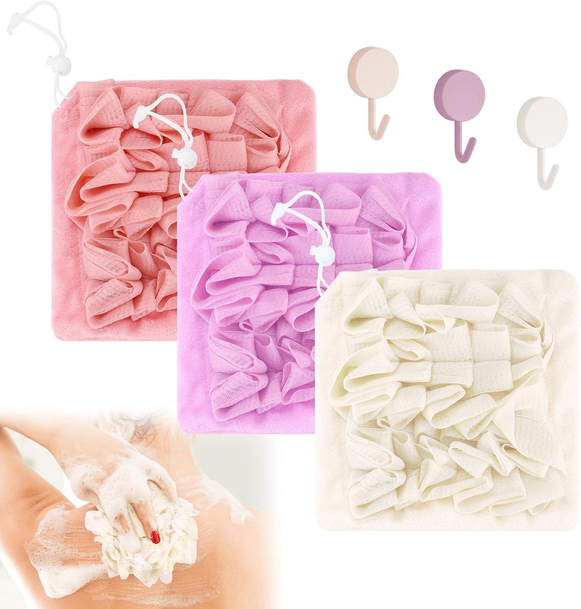 3 Stuks 2-in-1 Loofah Washandje Combo, Wasbare Bar Zeep Loofah Pouch Houder met Trekkoord en Haak, Body Douche Spons Poef voor Vrouwen Mannen Scrubber Exfoliërende Gladde Huid Bad