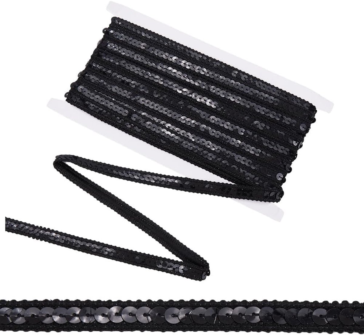 Paillettenlint, zwart, glanzend, paillettenrand, kant, versiering, gevlochten, pailletten, plat, rond, één rij, voor naaien, kostuum, hoofdband, tas, knutselen, decoratie