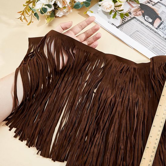 2,18 Yards Suede Fringe Trim Kokos Bruin Dubbelzijdig Lederen Westerse Fringe Trim Cowboy 31 cm Breed Naaien Kwastje Trim voor Ambachten DIY Naaien Jurk Ambachten Rok Decoratie — afbeelding 2
