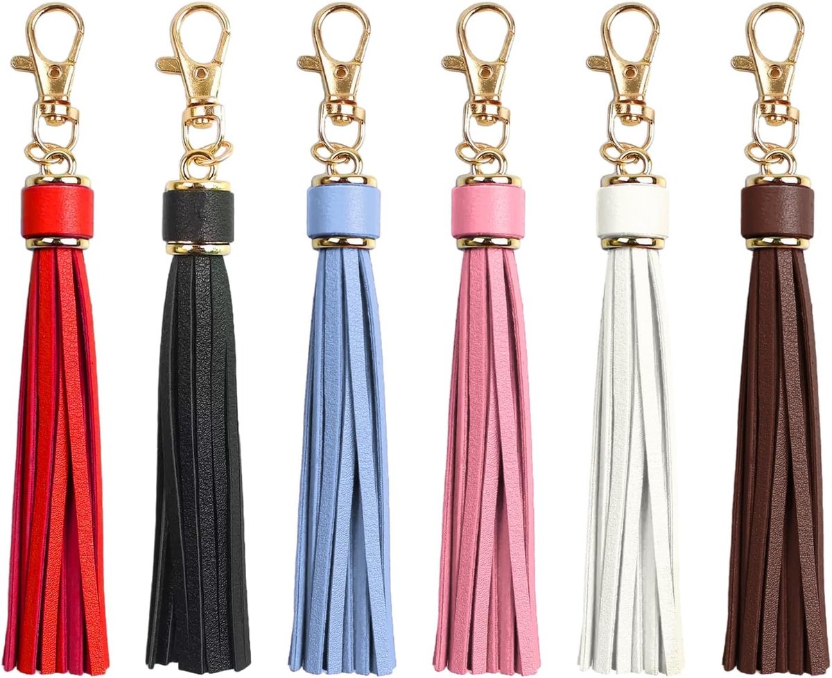 6 stuks PU lederen kwasten hangers met sleutelring, doe-het-zelf handwerk sieraden maken kwasten autosleutel mobiele telefoon decoratie dames lederen tas sleutelhanger accessoires