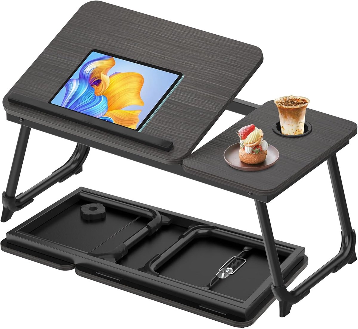 Bedblad 63 x 27 x 33 CM, Bedtafel met Bekerhouder, Instelbaar Hoek, Opvouwbaar, Laptopstandaard voor Bed in MDF voor Bank, Vloer, Kantelbaar Plateau (Zwart)