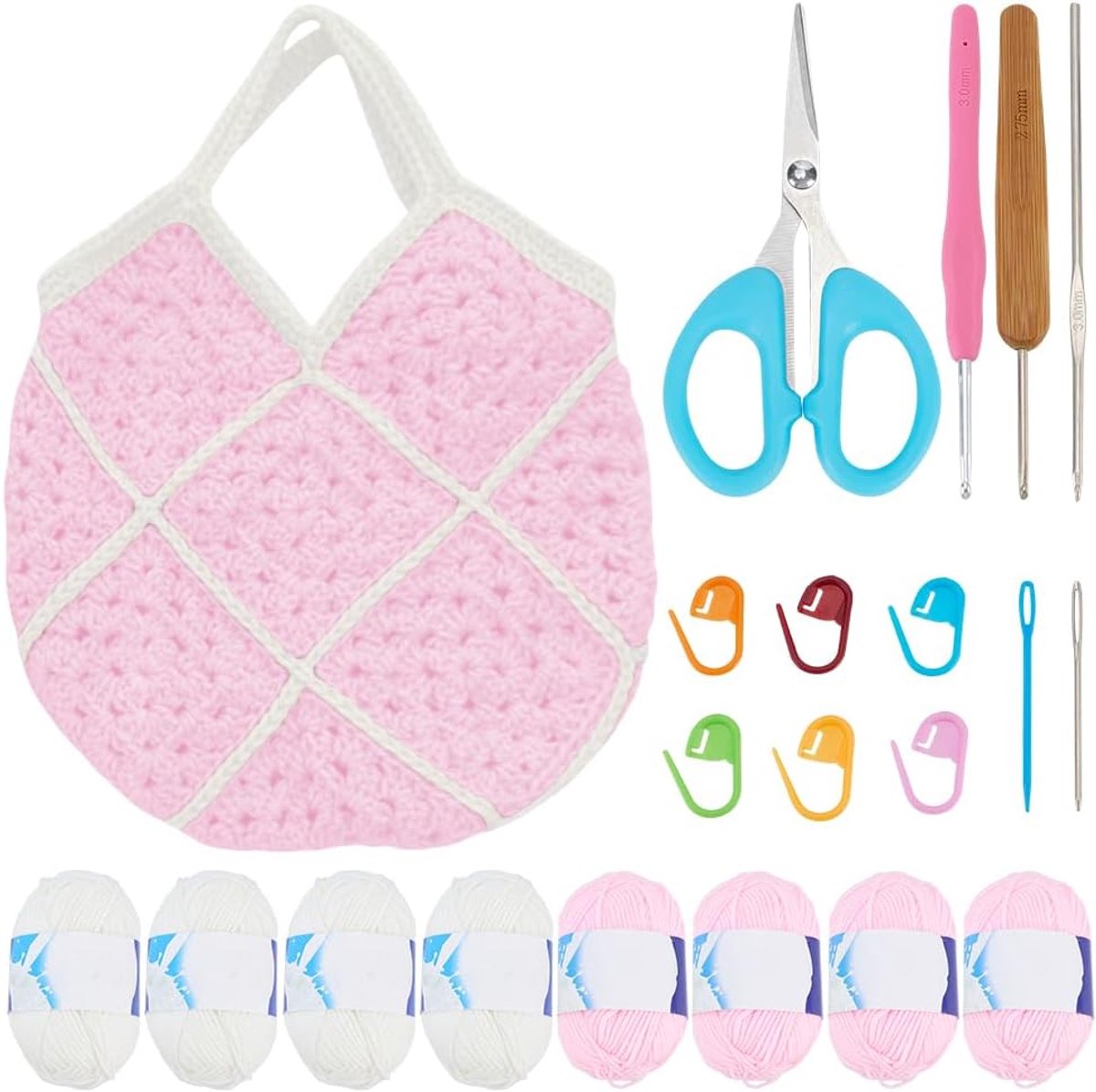 DIY gehaakte draagtas kit voor beginners en volwassenen, gehaakte oma vierkante tas kit met instructie video tutorials, roze