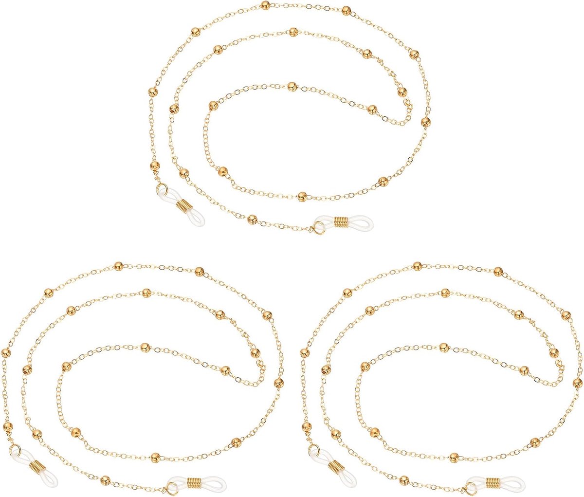 Bril Houders rond de nek, K Gold Metal Bead Brillen Strap Mode Stijlvolle Kralen Lanyard Bril Ketting voor Vrouwen Zonnebril Oude Dame Glas, 3 Stks, Goud, 28W