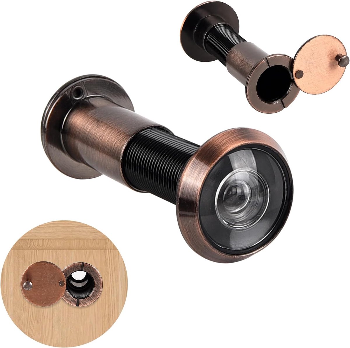 deurspion met inkijkbescherming, 220° groothoek, optische glazen lenzen, boorgat diameter 16 mm, messing spion met boor, instelbare lengte, deurspion voor 35-60 mm dikke deuren, antiek koper