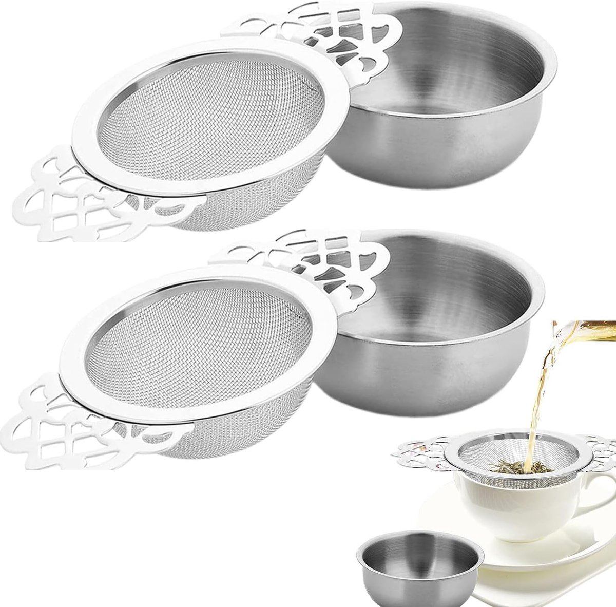 Set van 2 theezeef, herbruikbare zeef voor zwarte thee, groen, sap, koffie, kruiden en specerijen, roestvrij staal