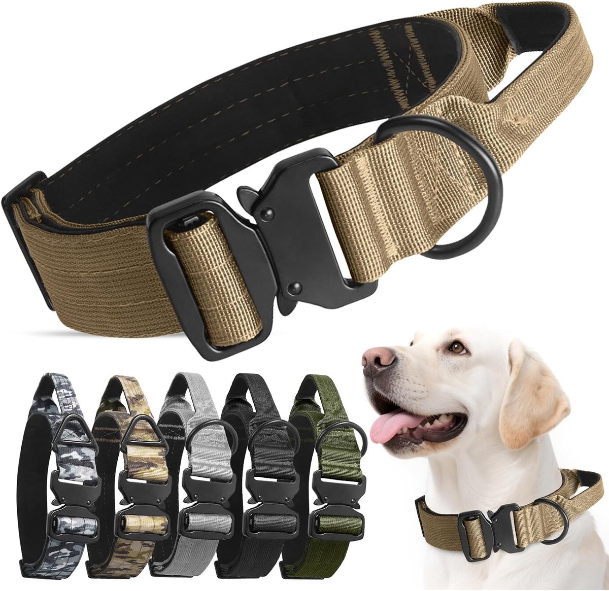 hondenhalsband, brede hondenhalsband, gevoerd met handvat, verstelbaar, robuuste hondenhalsband van nylon met metalen gesp voor kleine, middelgrote en grote honden (kaki, M)