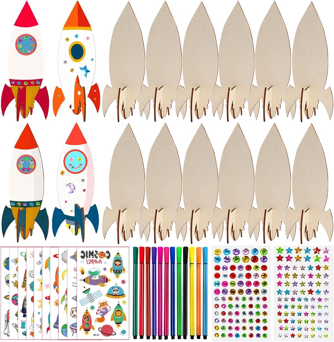 246 stuks houten raketten, knutselset, knutselen voor kinderen, kinderverjaardag, knutselset, met 15 raketten, 202 strass-steentjes, 15 staarten, 12 pennen en 2 stickers