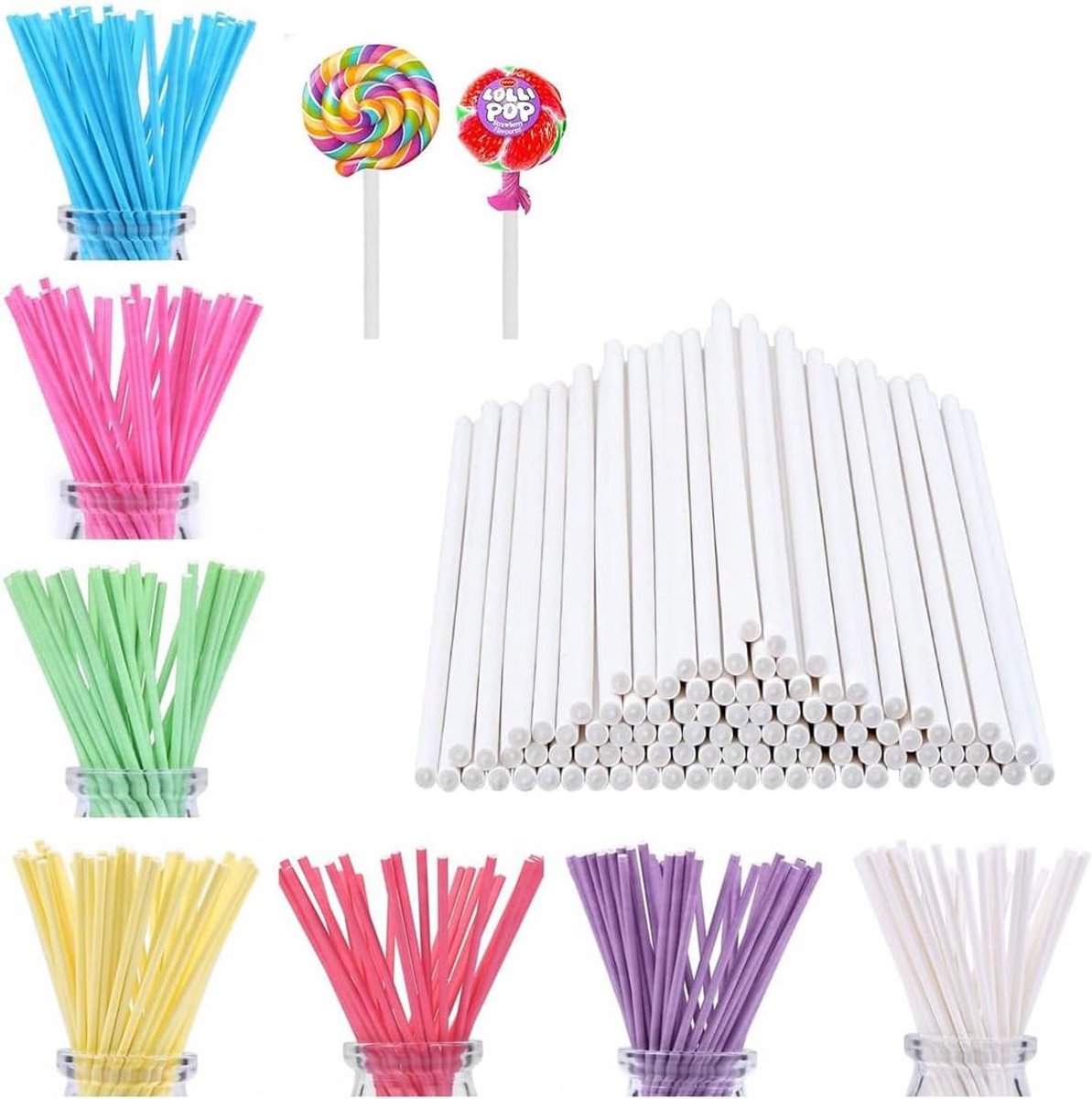 Pop stelen, 100 stuks, cakepop steel, lollipop sticks, papieren lollipop sticks, witte en kleurrijke cakepopsticks voor cake, desserts, snoep