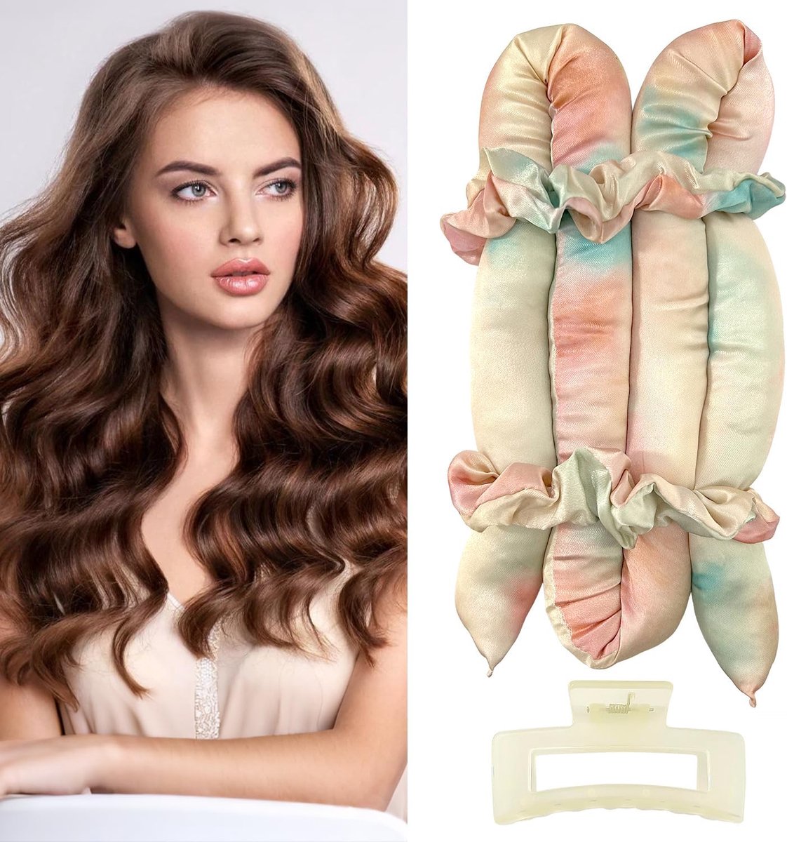 hittevrije haarrollers voor lang en kort haar, overnacht krulstaven zonder hitte, stijlgereedschappen voor dames voor krullen en volume (Geel, Oranje en Blauw - Tie-Dye)