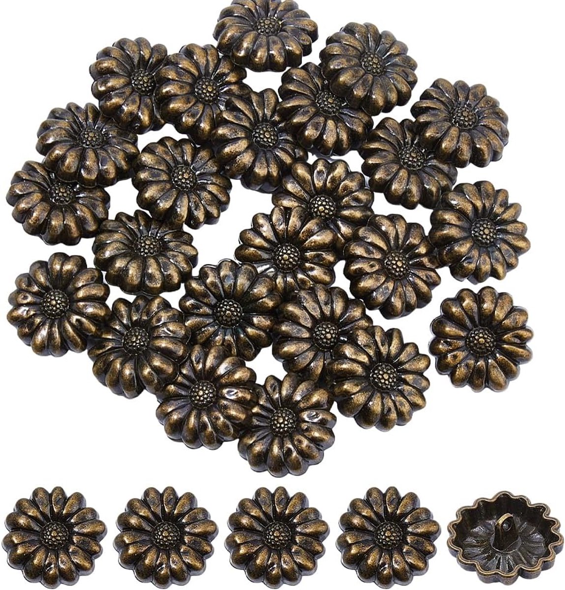 24 Bloem Vorm Metalen Stam Knop Tibetaanse Zonnebloem Patroon Gesneden Naaiknopen Antiek Brons Retro Met Eén Gat voor Ambachtelijke Jas 22 mm/087 inch
