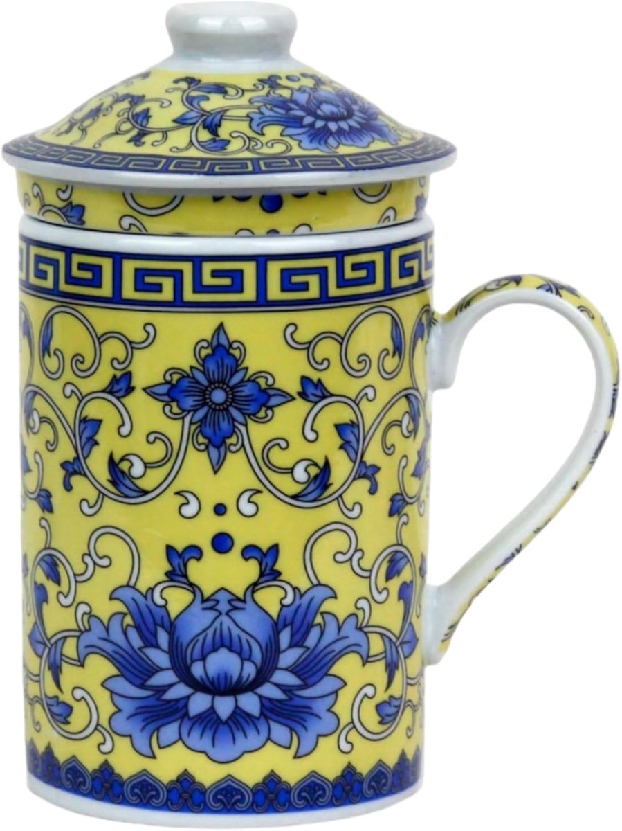 theekopje met deksel + zeef voor losse thee met Aziatisch motief (blauwe waterlelie, 500)Azië, Japanse Chinese mok voor theeliefhebbers, porseleinen koffiecadeauset Azië