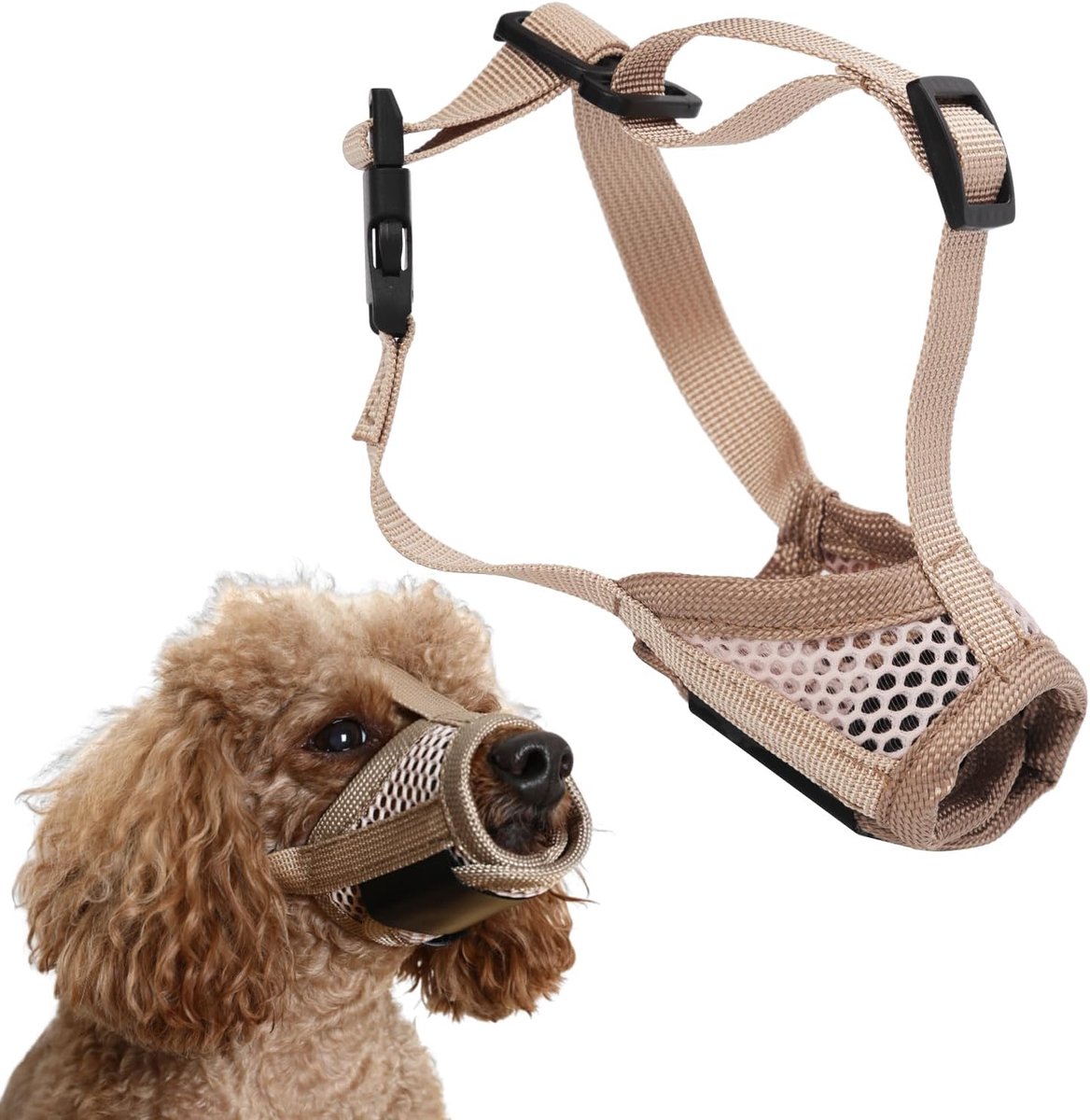 Snuit voor Hond, Zacht Hondensnuit om te Stoppen met Kauwen met Ademend Gaas en Stabiel Hoofdbeugelontwerp Anti-Blafsnuit voor Honden Mesh-Snuitbeschermer voor Kleine Honden Cadeau (Kaki)