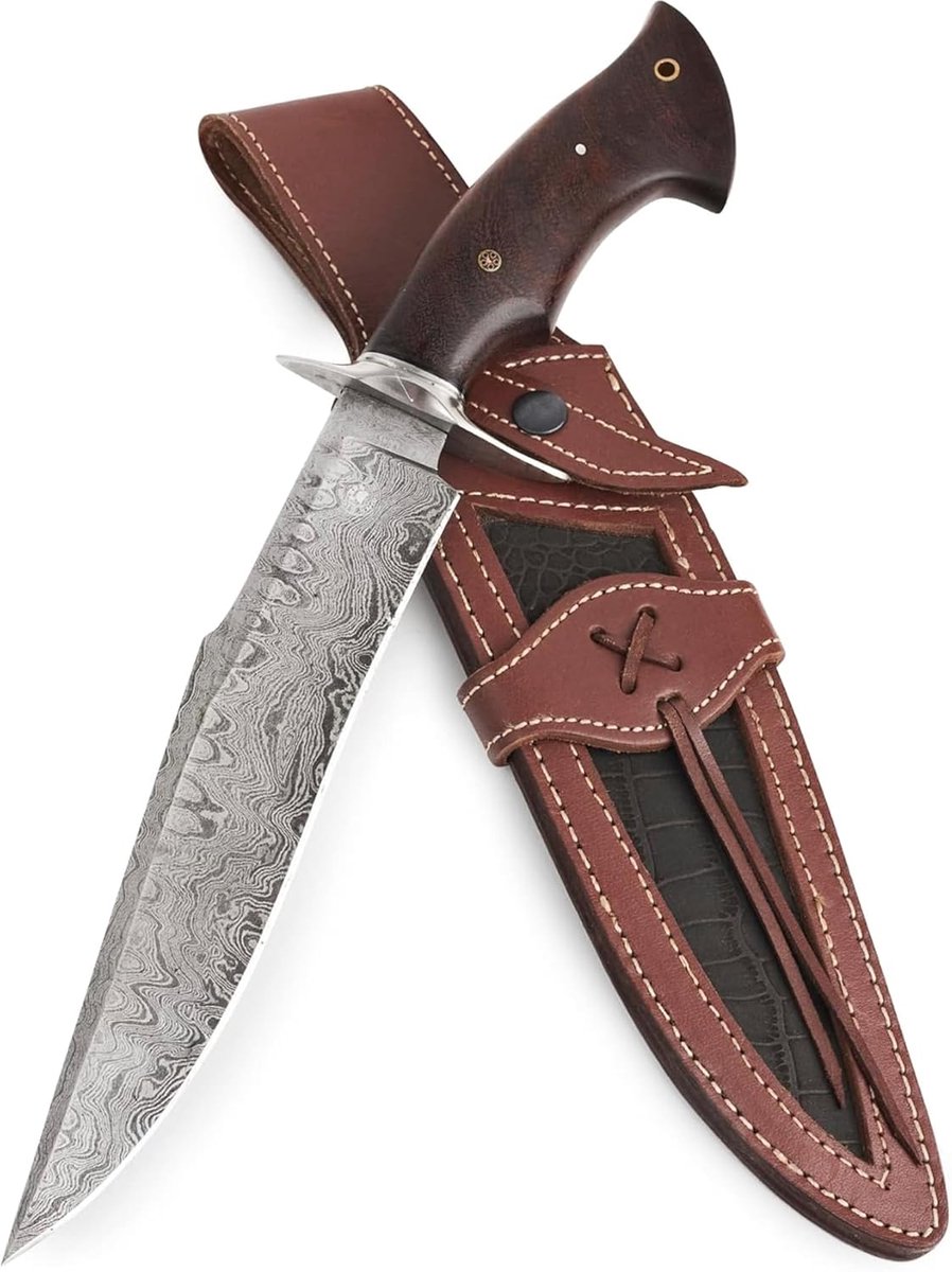 ROAR Handgemaakte Damascus Houthakkersmes - Vastblad Jachtmes met Schede en Walnoot Houten Handvat - 15" EDC Velmes - Schreeuwende Arend
