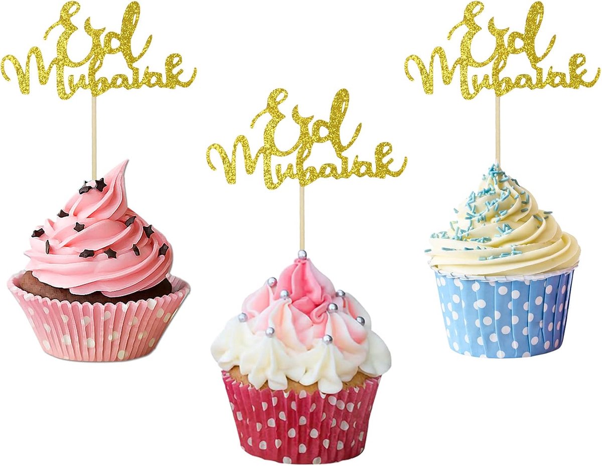 20stuks Eid Mubarak Taarttoppers Goud, Eid Mubarak Cupcake-toppers voor Ramadan Hajj Feestdecoratie Eid