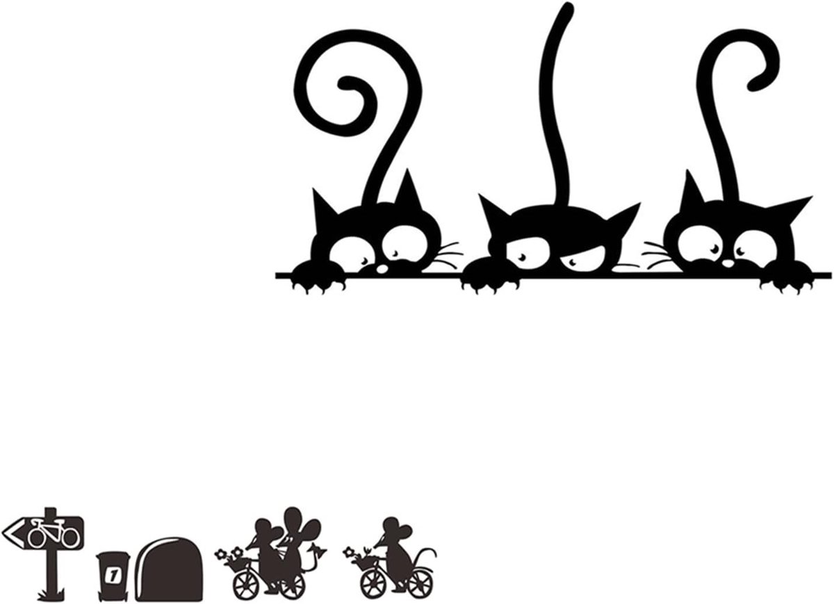 Zwarte Muur Tattoo Cartoon Kat en Muis Kinderkamer Muursticker Babykamer Keuken Woonkamer Slaapkamer Taille Lijn Auto Raam Decoratie