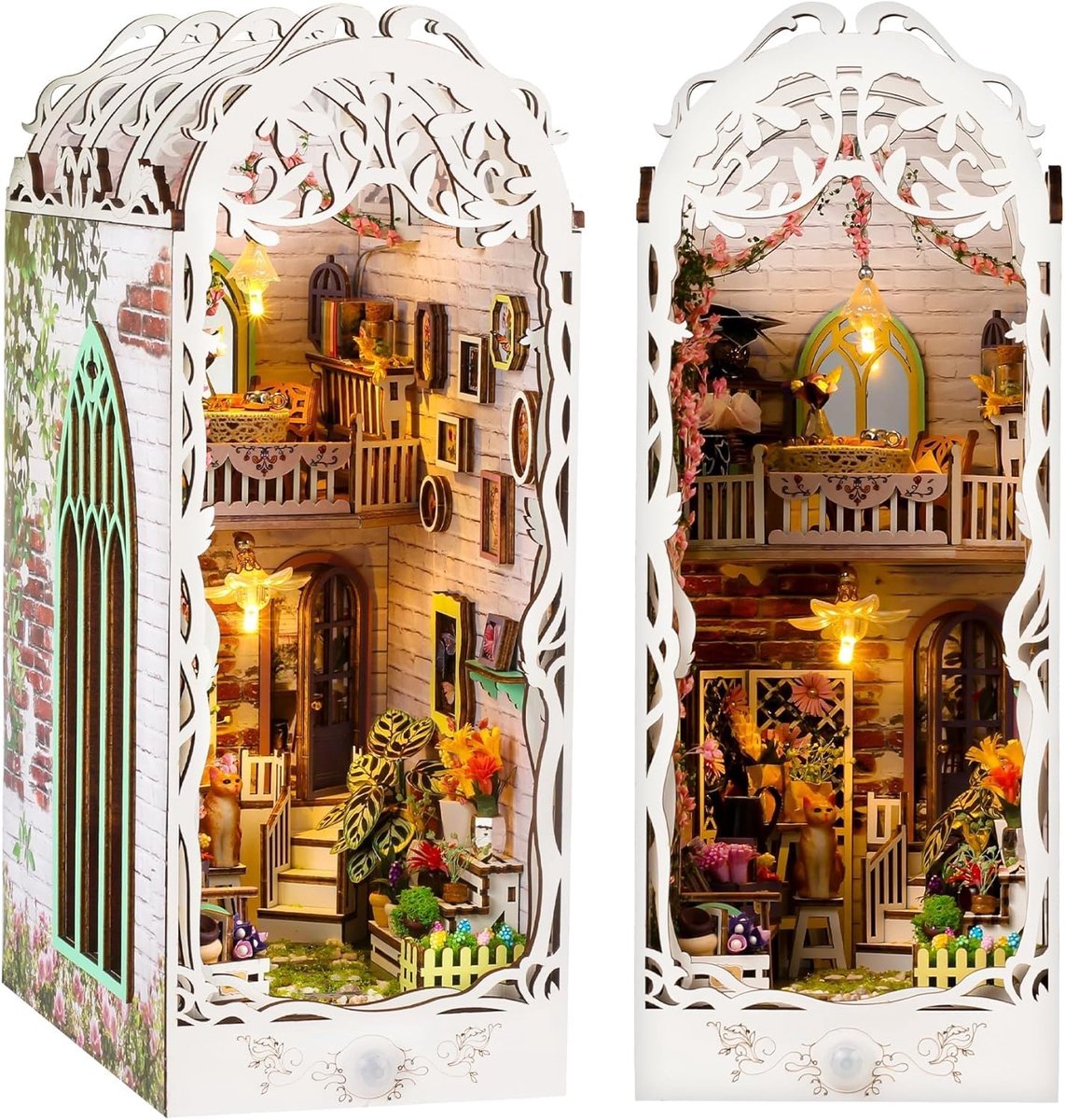 Nook Kit Boekensteunen, doe-het-zelf poppenhuizen, miniatuurhuisset met stofhoes, ledlicht, tuinhuis