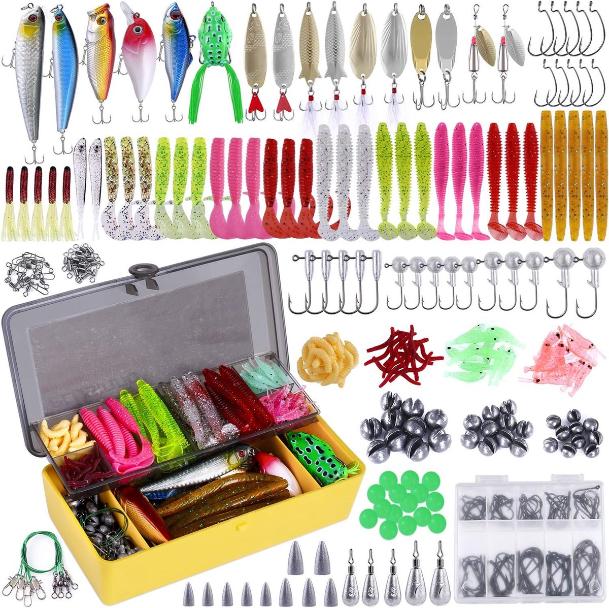 Visaas aas visgerei inclusief crankbaits, spinnerbaits, plastic wormen, mallen, topwater kunstaas, visgerei doos en meer visgerei kunstaas kit set, 102/302 stuks vissen lokken visgerei
