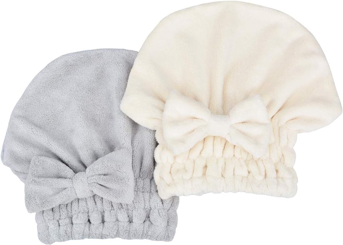 handdoek, haar, super absorberend, 2 stuks, hoofdhanddoek, haartulband, haarhanddoek, sneldrogend, tulband, geschenken voor dames en meisjes, grijs + wit