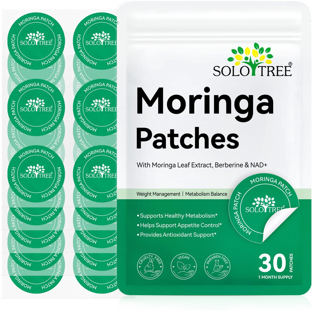 SOLOTREE Moringa Patches – 30 Pleisters – Met Moringa, Berberine, NAD+, Resveratrol, L-Carnitine & Q10 – 30 Dagen