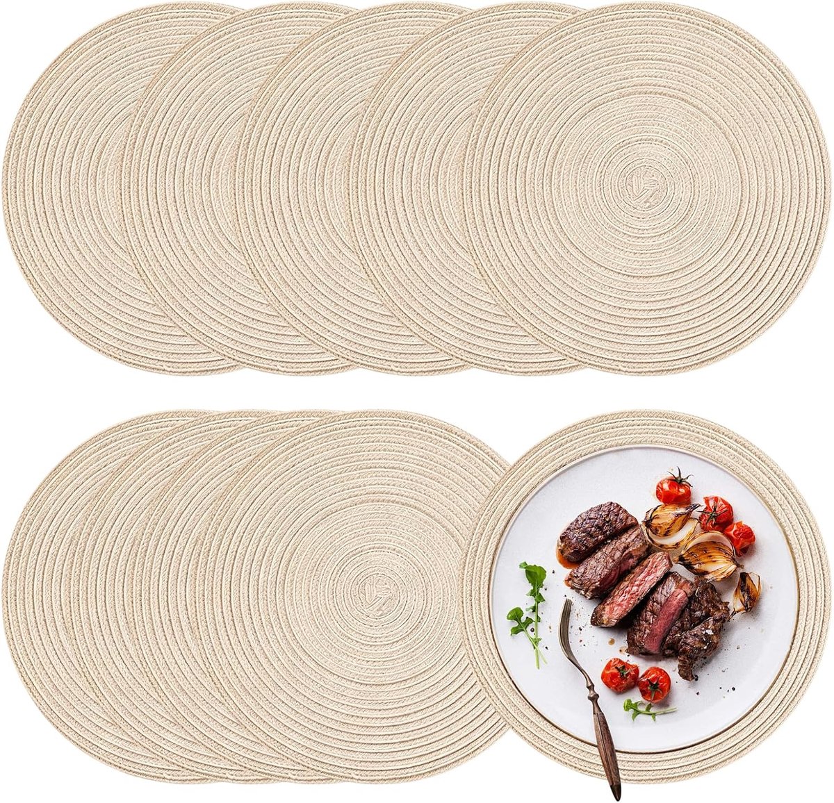 KZQ 10 stuks Placemats - 38 cm in diameter - Antislip - Wasbaar - Te gebruiken als onderzetters of placemats - Geschikt voor keukens, hotels en eettafels - Beige
