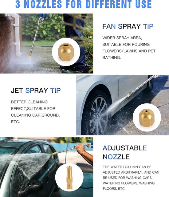 Hogedrukwater Hun, Jet Hogedruk-Power Washer Wand Extension, Power Washer hulpstukken met 3 slangsproeiers voor tuinslang Auto Wassen — afbeelding 4