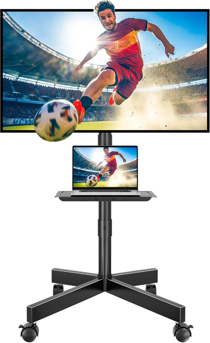 Mobiele TV-standaard op wielen, kantelbare TV-trolley met mediaplank voor 23-60 inch LED, LCD, OLED Flat & Curved TV's, houdt tot 25kg, Max VESA 400x400mm