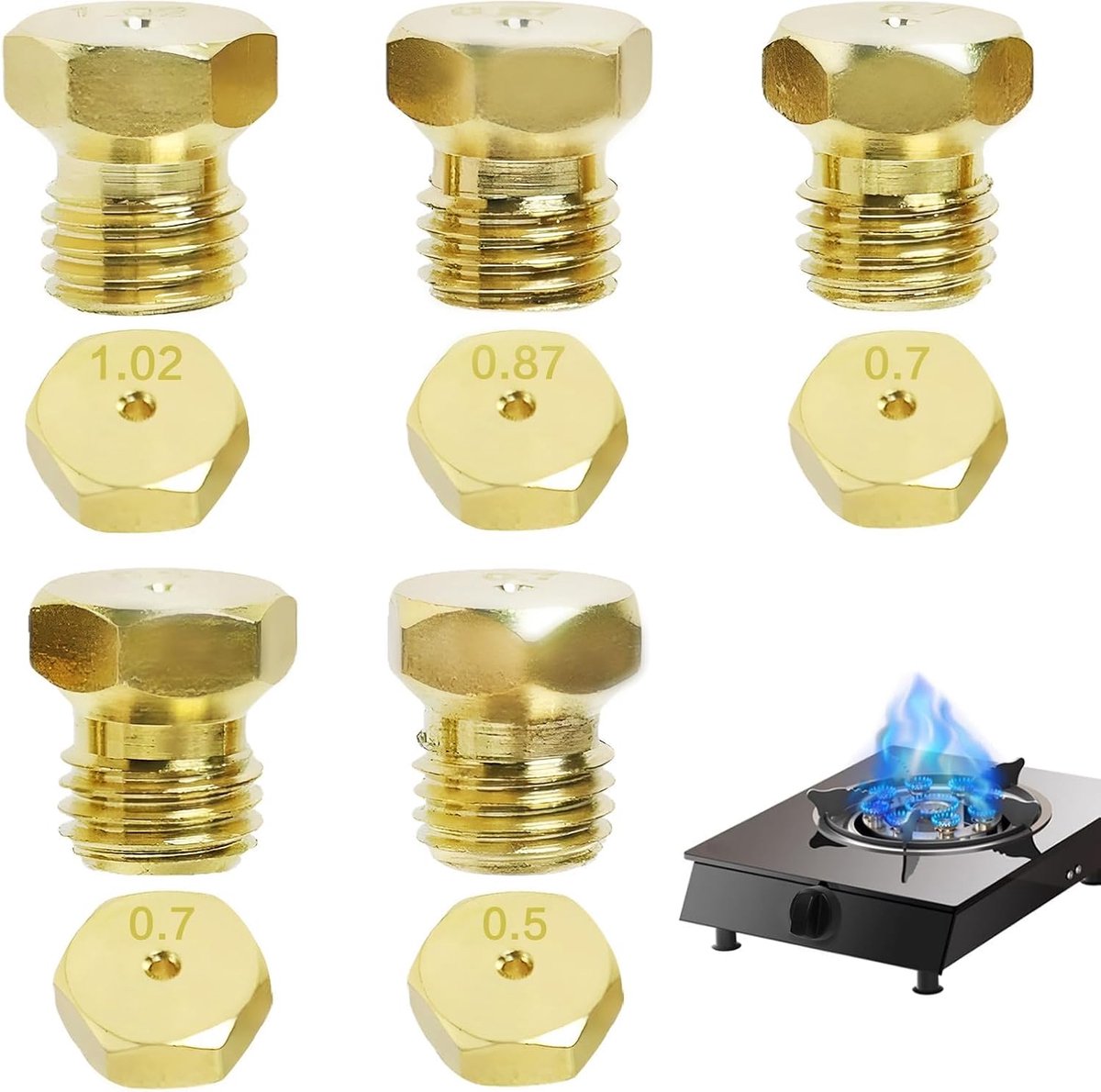 gasmondstukken voor methaan- en propaangasbranders, installatieset butaangas, LPG-sproeiers voor keuken, vervanging voor ovens en branders, modellen 0,5/0,7/0,87/1,02 mm (5 stuks)