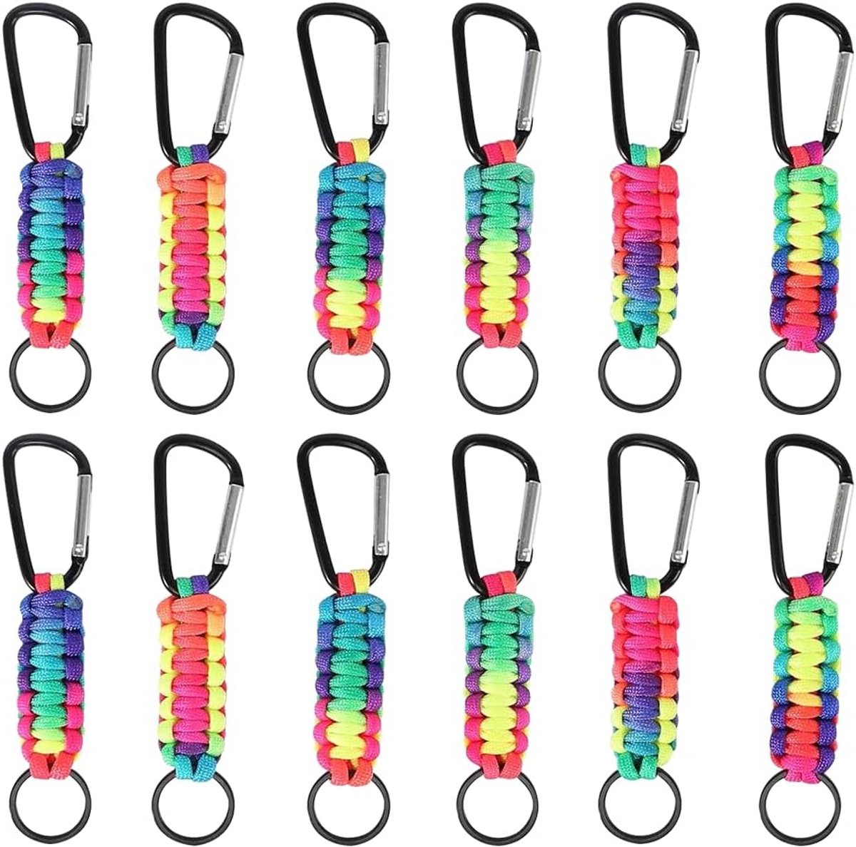 sleutelhanger met karabijnhaak, 12 stuks, multifunctionele sleutelband, ring, gevlochten koord, clip, sleutelringen voor outdoor, klimmen, kamperen, wandelen, rugzakreizen