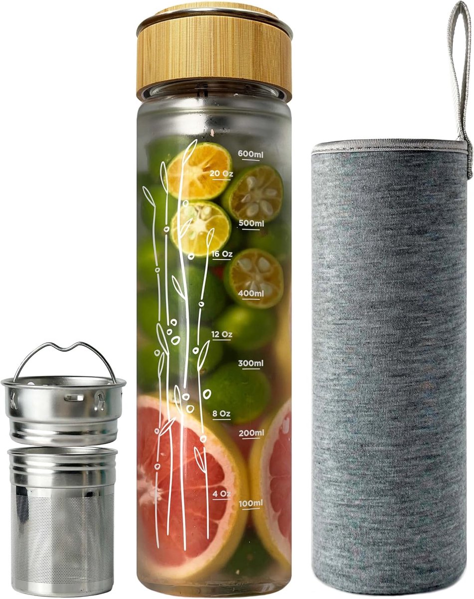 23oz glazen waterfles met infuser en bamboe deksel roestvrijstalen handvat